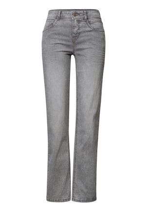 Grå jeans med lige ben, forreste knap og lynlås, to forlommer og bæltestropper, vist mod en hvid baggrund.