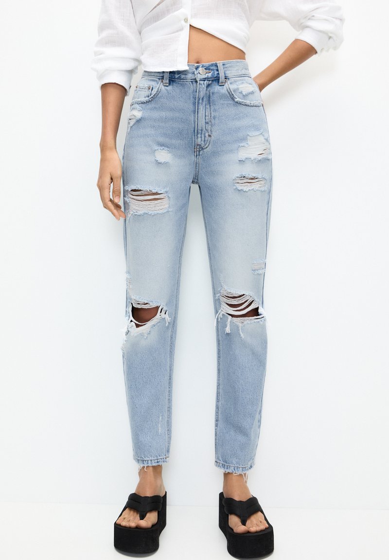 PULL&BEAR RIPPED Jean droit light blue denim/denim bleu gris