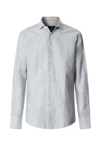 Muška košulja dugih rukava na kopčanje s tankim vertikalnim sivim i bijelim prugama te klasičnim ovratnikom.