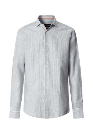 Herren-Langarmhemd mit durchgehender Knopfleiste, dünnen vertikalen grauen und weißen Streifen und klassischem Kragen.