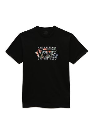 T-shirt Vans noir à manches courtes avec motif floral multicolore derrière le logo "VANS" et le texte "The Original Off The Wall" sur le devant.