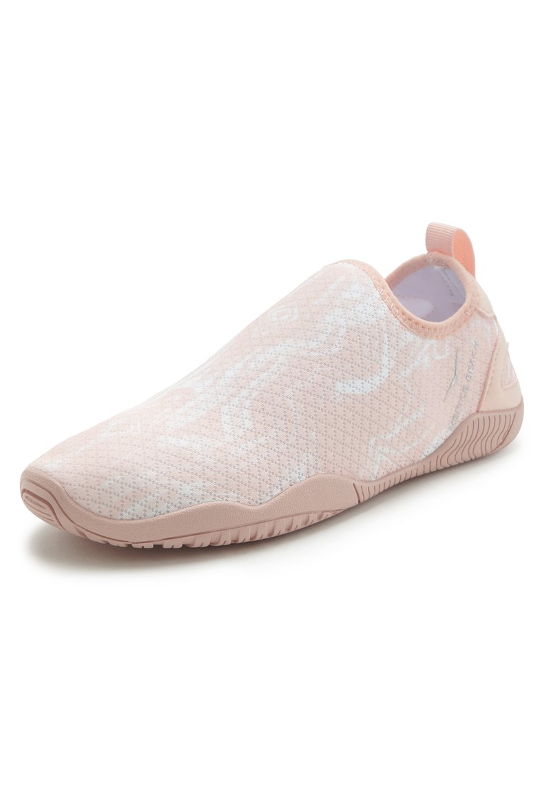 Light pink slip-on shoe with a breathable mesh upper, textured surface, and a flexible rubber sole. Features a pull tab at the heel.