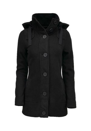 Black fleece coat with a high collar, front buttons, side pockets, and adjustable shoulder straps. Smooth texture and fitted design.