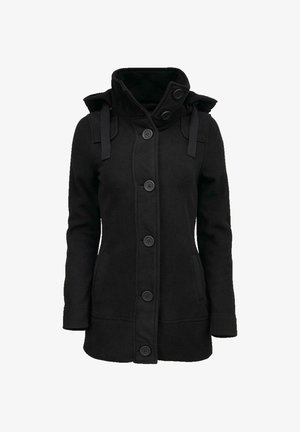 Mustast fliisist mantel kõrge kraega, eest nööpidega, küljetaskute ja reguleeritavate õlapaeltega. Sile tekstuur ja vormis disain.