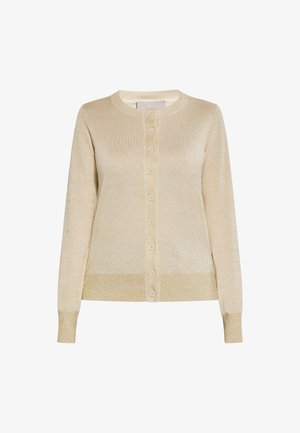 Beige long-sleeve cardigan made from soft knit material. Features a round neckline and button-down front with matching buttons. Subtle sheen.