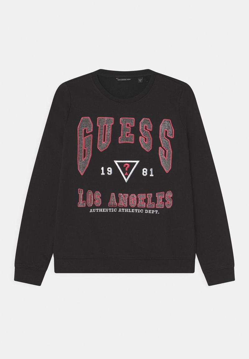 Felpa nera con maniche lunghe, caratterizzata da una scritta "GUESS" in bold rosso e bianco, triangoli e il testo "LOS ANGELES" in dettagli stampati.
