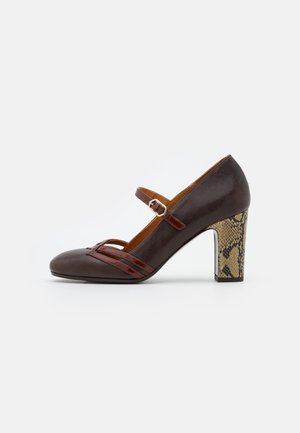 Chaussure Mary Jane en cuir marron avec un bout arrondi, deux brides en vernis marron et un talon en relief au motif serpent.