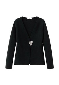 Cardigan de punto negro con un escote en V profundo, mangas largas y un adorno plateado en la cintura, que presenta una textura suave y un diseño minimalista.