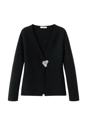 Cardigan de punto negro con un escote en V profundo, mangas largas y un adorno plateado en la cintura, que presenta una textura suave y un diseño minimalista.