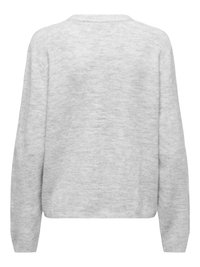 Szary wełniany sweter o luźnym kroju, z okrągłym dekoltem i długimi rękawami. Tekstura jest miękka, z subtelnym melanżowym wzorem.