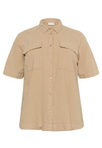 Chemise beige à manches courtes avec col, deux poches poitrine, fermeture à boutons et ourlet droit. Fabriquée en tissu doux et léger.