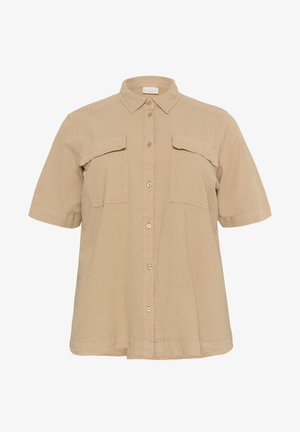 Kortærmet beige skjorte med krave, to brystlommer, knaplukning foran og lige kant. Fremstillet af blødt, letvægtsstof.