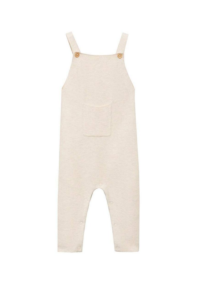 Salopette in cotone beige con bretelle larghe e bottoni in legno, dotata di tasca frontale e chiusure a pressione sul fondo per una facile vestizione.