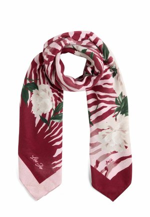 Foulard di seta caratterizzato da un motivo astratto a strisce bordeaux e rosa con fiori bianchi e foglie verdi; rifinito con un'estremità a punta.