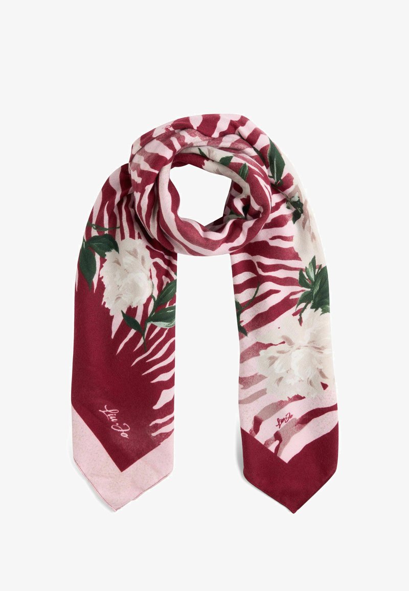 Foulard en soie présentant un motif abstrait à rayures bordeaux et rose, orné de fleurs blanches et de feuilles vertes ; terminé par une pointe.