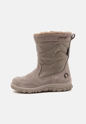 Botte d'hiver mi-mollet marron clair en suède et tissu matelassé, doublure pelucheuse, semelle texturée et languette à l'arrière.