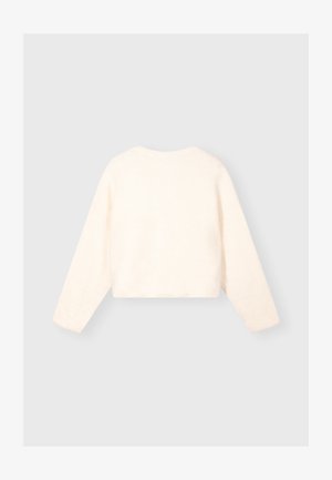 Gekürzter Creme-Pullover mit langen Ärmeln, weichem strukturiertem Stoff, rundem Ausschnitt und minimalen Nähten. Eignet sich hervorragend für lässige Layering-Looks.