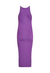 Rochie midi tricotată, de culoare mov, cu un guler înalt și bretele subțiri. Formă ajustată, textură fină și fără embellishementuri vizibile.