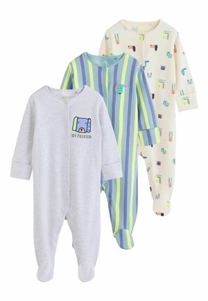 Trzy pajacyki dla niemowląt z długim rękawem i stopami; jeden szary z psem i napisem "Cześć Przyjaciel", jeden w paski niebiesko-zielone z twarzą psa oraz jeden kremowy z kolorowymi wzorami zwierząt.