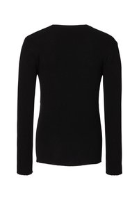 Schwarze Langarmbluse mit gerippter Textur, figurbetontem Design und rundem Ausschnitt, mit leicht gewelltem Saum und Bündchen.