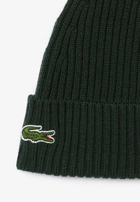 Beanie lavorato a maglia di un verde scuro con texture a coste. Presenta un logo di un coccodrillo bianco e ricamato di colore verde sulla parte del polsino.