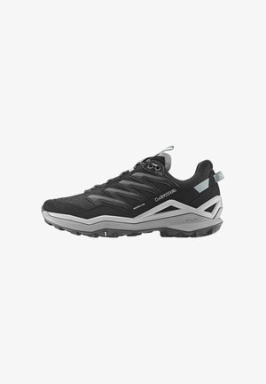 Black trail running shoes with a mesh and suede upper, rubber outsole, and supportive, textured design. Features grey accents and lacing system.