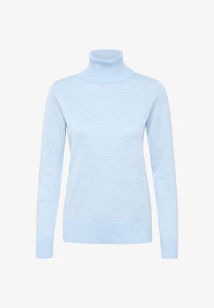 Hele sinine kaelus-sweater, millel on pikad varrukad, soonikkoes kaelus ja äär, valmistatud pehmest kudumisest ja sileda tekstuuriga.