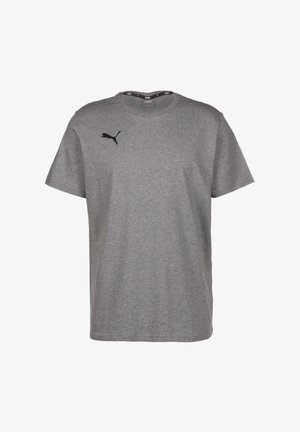 T-shirt en coton gris à manches courtes, col rond, avec un logo noir sur le côté gauche de la poitrine. Texture lisse, design décontracté et coupe ample.