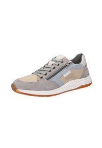 Graue, blaue und beige Sneakers mit gemischten Materialien, einem strukturierten Obermaterial, Schnürung und einem seitlichen Reißverschluss für einfachen Zugang.
