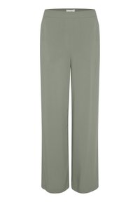 Pantalons larges de couleur vert olive clair avec une texture lisse, une taille élastiquée et sans fermetures visibles, offrant une coupe décontractée.