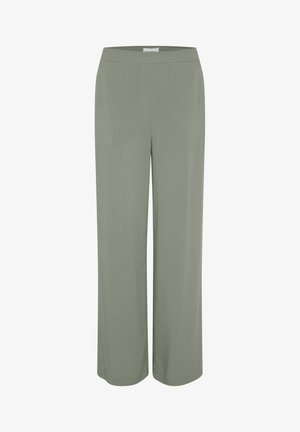 Ljust olivgröna vida byxor med en slät yta, elastisk midja och inga synliga knäppningar, som erbjuder en avslappnad passform.