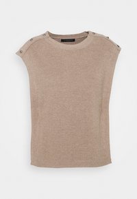 Beige, gerippter Strickpullover mit weitem Ausschnitt und kurzen Ärmeln. Verfügt über dekorative Knöpfe an der Schulter. Weiche Textur.