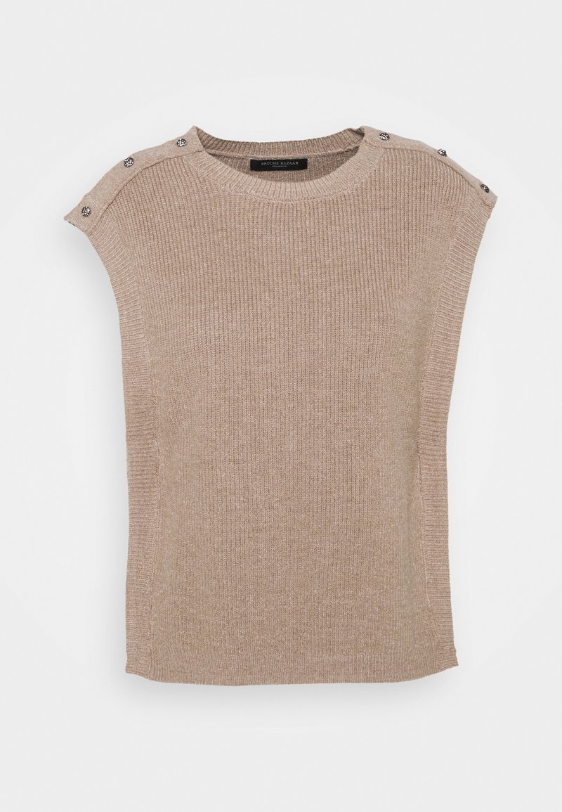 Beige, gerippter Strickpullover mit weitem Ausschnitt und kurzen Ärmeln. Verfügt über dekorative Knöpfe an der Schulter. Weiche Textur.