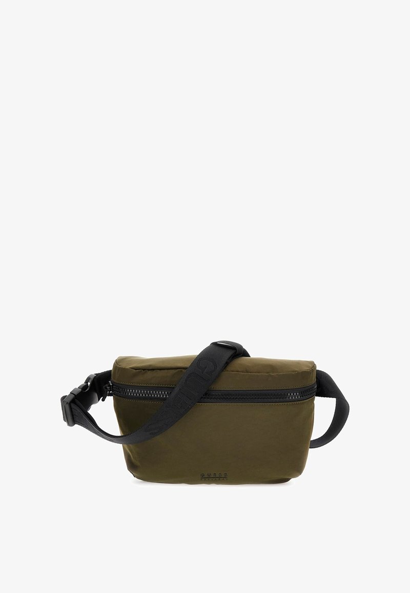 Bolso cruzado de nailon verde oliva con correa negra ajustable, compartimento principal con cremallera y logo en relieve en el lateral. Superficie texturizada.