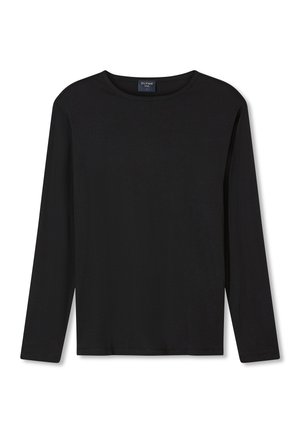 Zwart shirt met lange mouwen en ronde hals, plat gelegd met zichtbare merklabel binnen de kraag, eenvoudig ontwerp en gladde stoftextuur.
