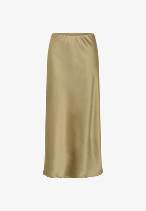 Beige satin midi skirt with a slight sheen and an elastic waistband, displayed against a white background.