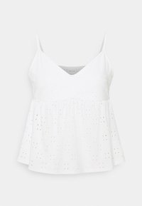 Bílá bezrukávová halenka z očkované krajky s tenkými ramínky, výstřihem do V a volným, nařaseným pasem.