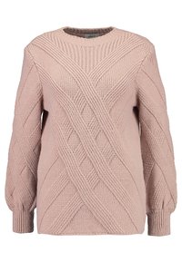 Striktrøje i blød rosa, med et struktureret diamantmønster. Rund hals, lange ærmer med ribbede manchetter og en afslappet pasform.