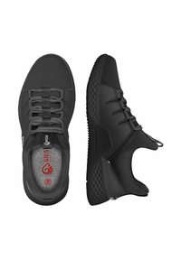Black athletic shoes featuring a mesh upper, elastic laces, and a textured rubber sole with a cushioned insole and reinforced heel.