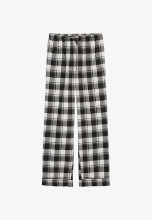 Zwart-witte geruite pyjamabroek met een elastische tailleband, koord en wijde pijpen. Gemaakt van zacht, lichtgewicht materiaal.