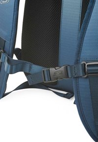 Mochila azul con un panel de malla para transpirabilidad, correas ajustables y una hebilla de plástico negro para un cierre seguro.