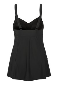 Svart simklänning med justerbara remmar, åtsittande överdel, utsvängd kjol och inbyggd behå. Slät textur och sömlös design.
