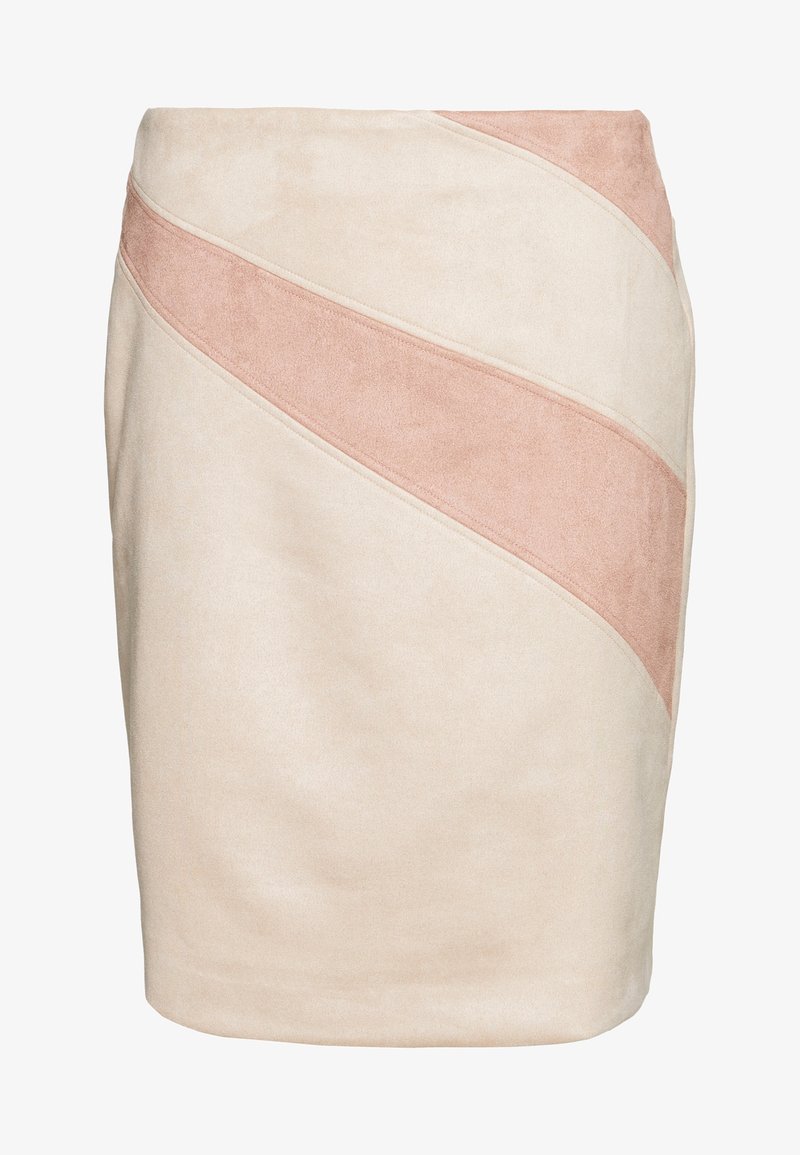Jupe crayon en daim beige et rose clair avec un détail de blocage de couleur diagonal et une texture lisse.