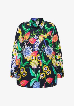 Kwiatowa koszula na guziki z długimi rękawami, z ciemnogranatowym tłem, intensywnymi, wielokolorowymi wzorami kwiatowymi oraz kieszonką na piersi.