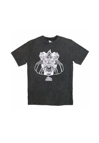 Black cotton t-shirt featuring a large white graphic design of a figure and detailed accents, with short sleeves and a crew neckline.