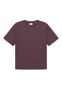 Short-sleeve t-shirt in dark purple cotton, featuring a subtle navy logo embroidered on the chest. Simple crew neck design.