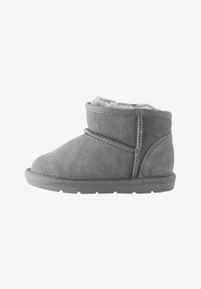 Gray suede ankle boot with shearling lining. Features a rounded toe, side stitching, and a textured rubber sole for traction.