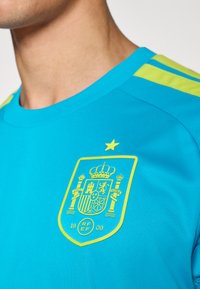 Close-up of a person wearing a turquoise sports jersey with a yellow Spain football team emblem and star on the chest.