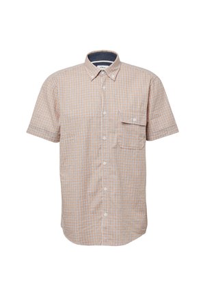 Short-sleeve button-up shirt in a light checkered pattern of orange, white, and blue, featuring a chest pocket and a collared neckline.