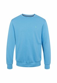 Sudadera azul claro hecha de algodón suave, con mangas largas, cuello redondo y un pequeño logo verde en el pecho izquierdo.
